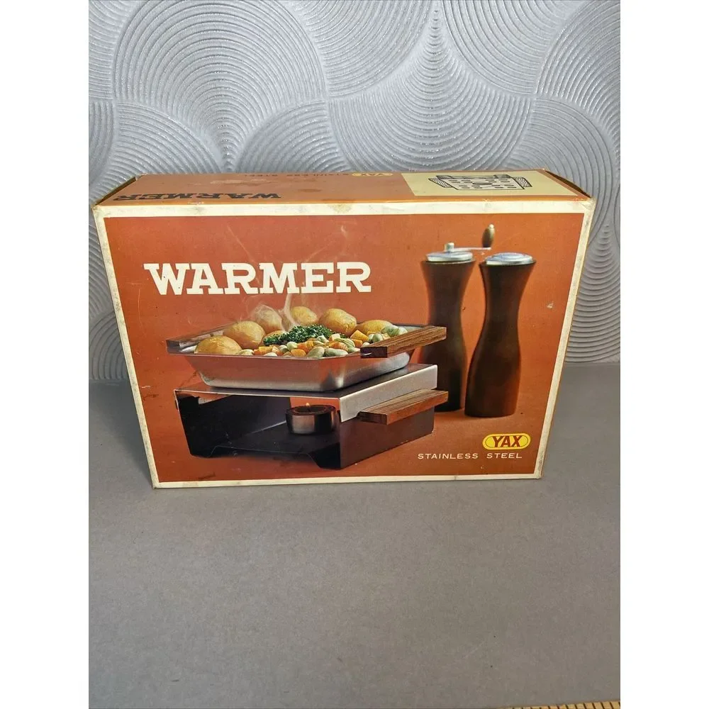 Vintage Food‎ Warmer Yax Stainless Steel Wood Handle One Candle Hot Plate Boxed